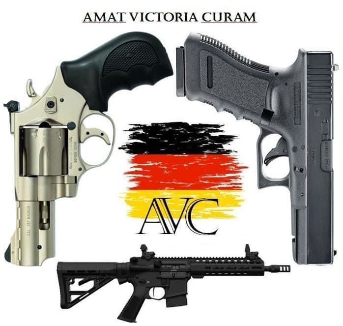 AVC — Revolver, Pistole und Karabiner über Deutschlandflagge
